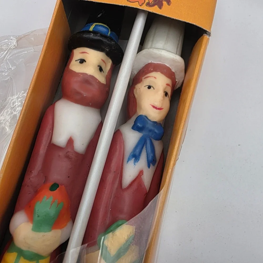 Vintage Thanksgiving Pilgrim Taper Candles Set Hand Painted Fall Decor Retro